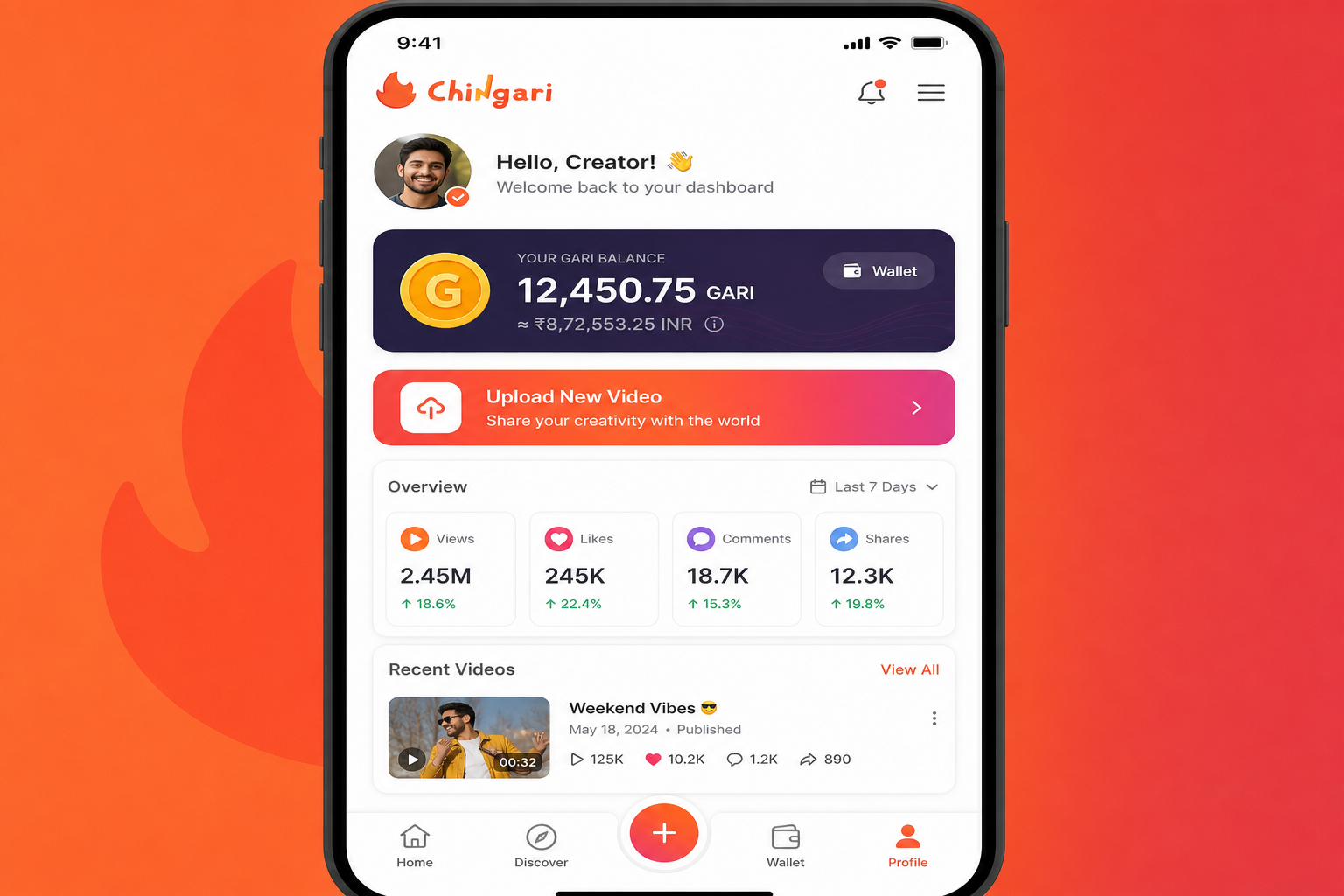 screenshot of Chingari app interface showing GARI wallet with INR balance