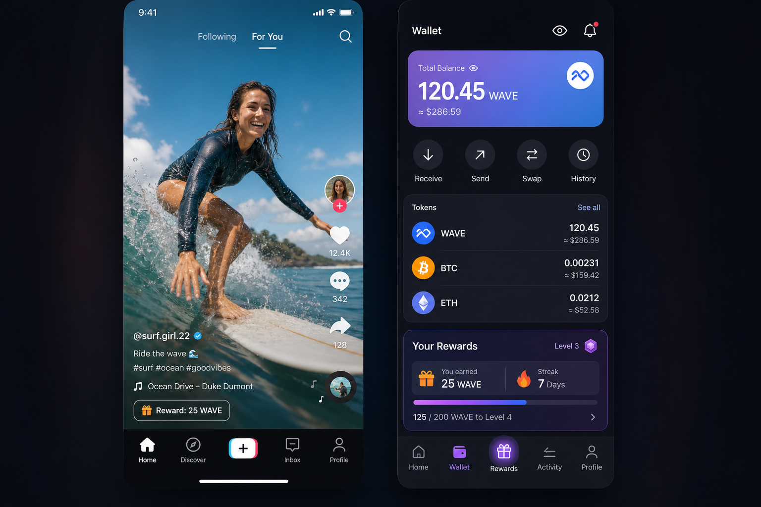 best short video app interface showing wallet and rewards dashboard