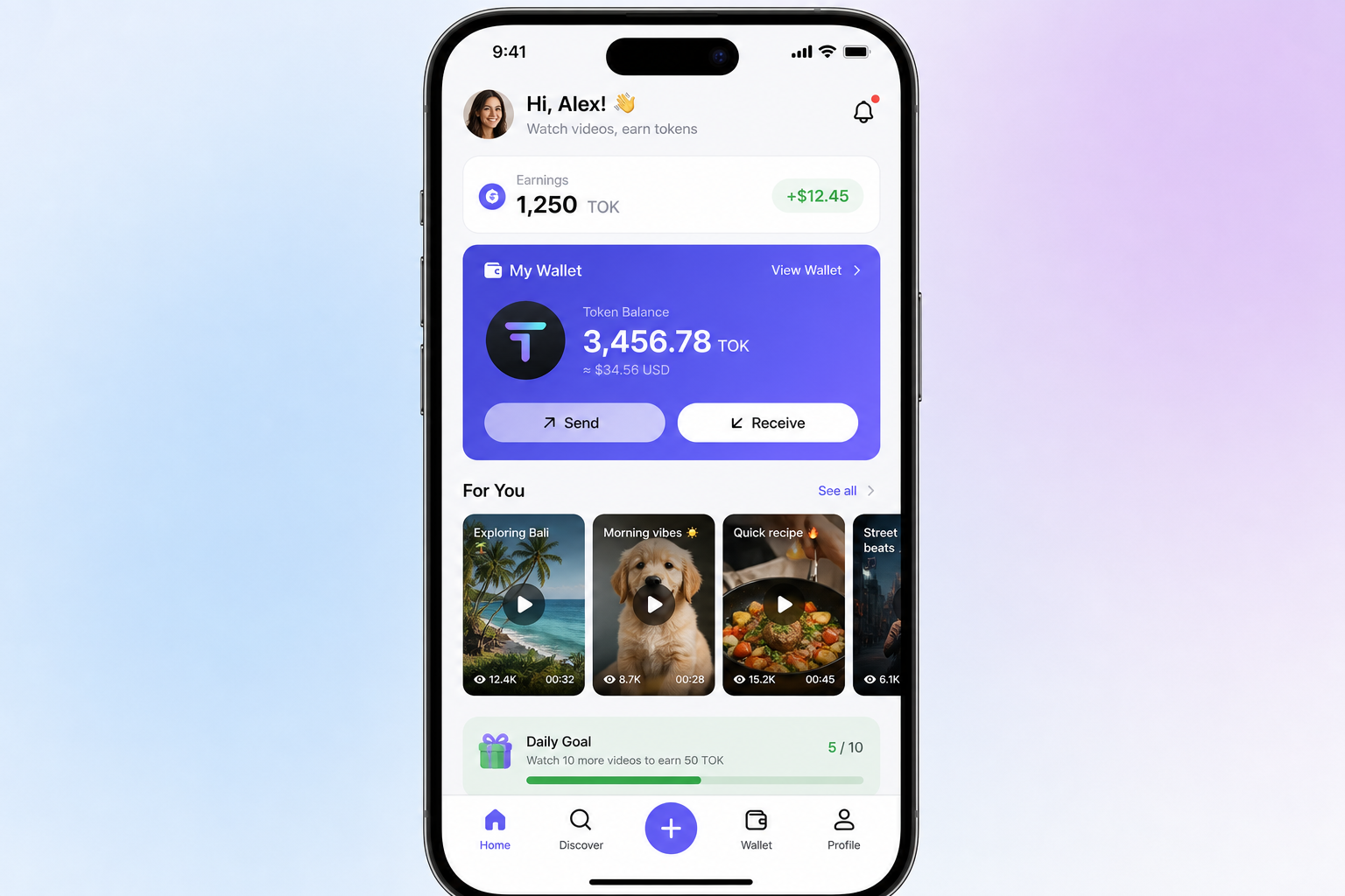 beginner tutorial showing earn crypto rewards short video app interface with wallet balance