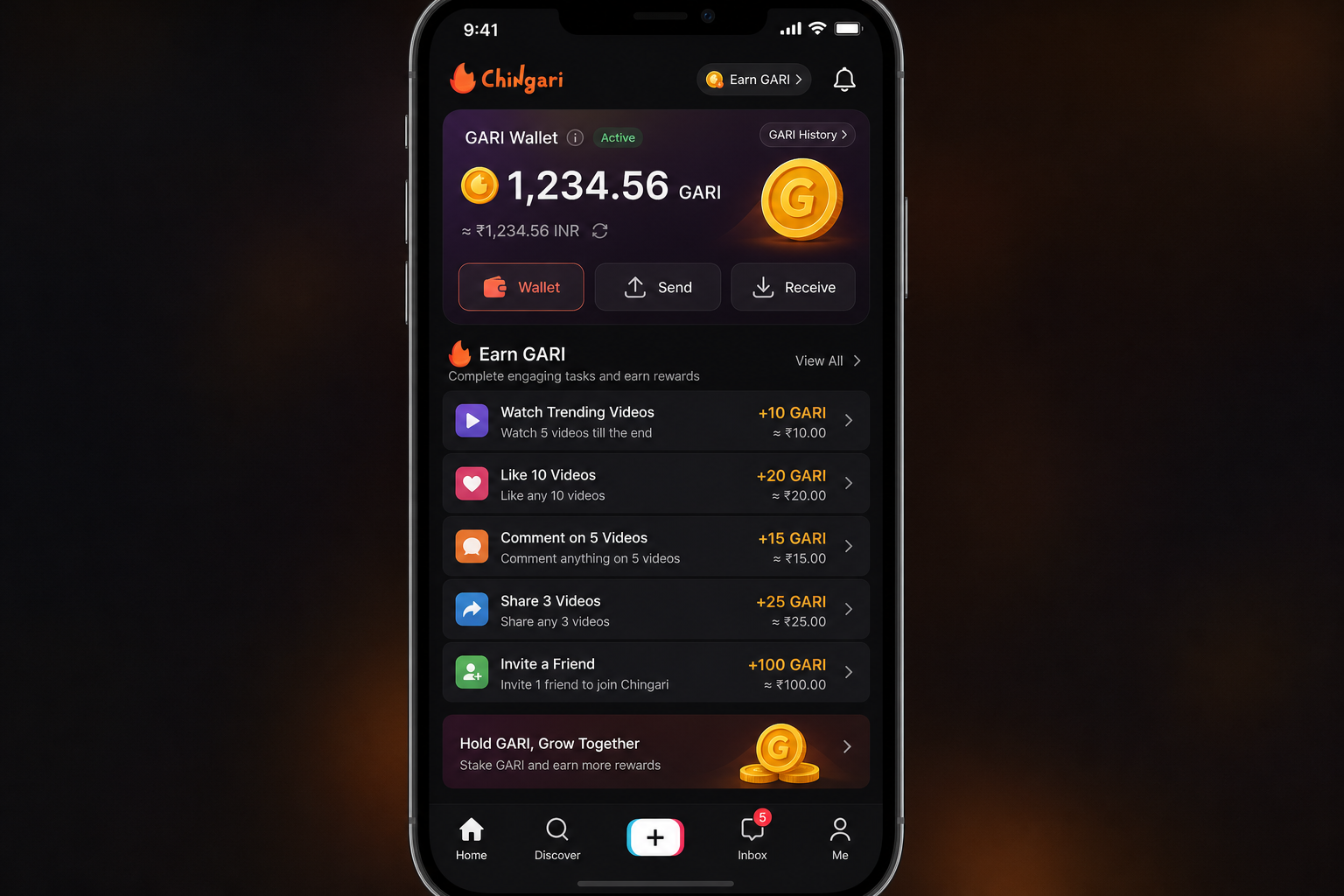 Chingari app showing GARI wallet setup and token earning dashboard